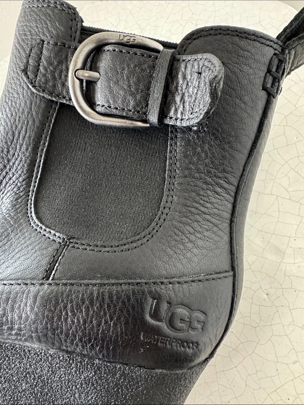 UGG ARLETA Black Leather Waterproof Wedge Chelsea Booties with Buckle Size 8.5